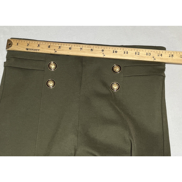 Zara Stretch Knit Skinny Pants Womens Medium Olive Green Gold Buttons Pull On - Picture 9 of 15